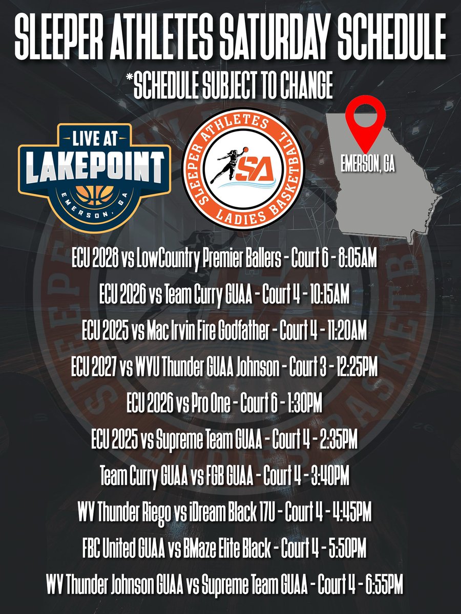 #SleeperAthletes Ladies Basketball Schedule for Saturday, May 18th at LIVE! At LakePoint in Emerson, GA @BMazeElite @ECunitedbball @FBCMotton @FGBvsEveryone @idream_GirlsBB @TheMacIrvinFire @Pro1GirlsBball @SupremeTeamGbb @TeamCurry @WVThunderUAA 📸🎥 @ThaRealSleep