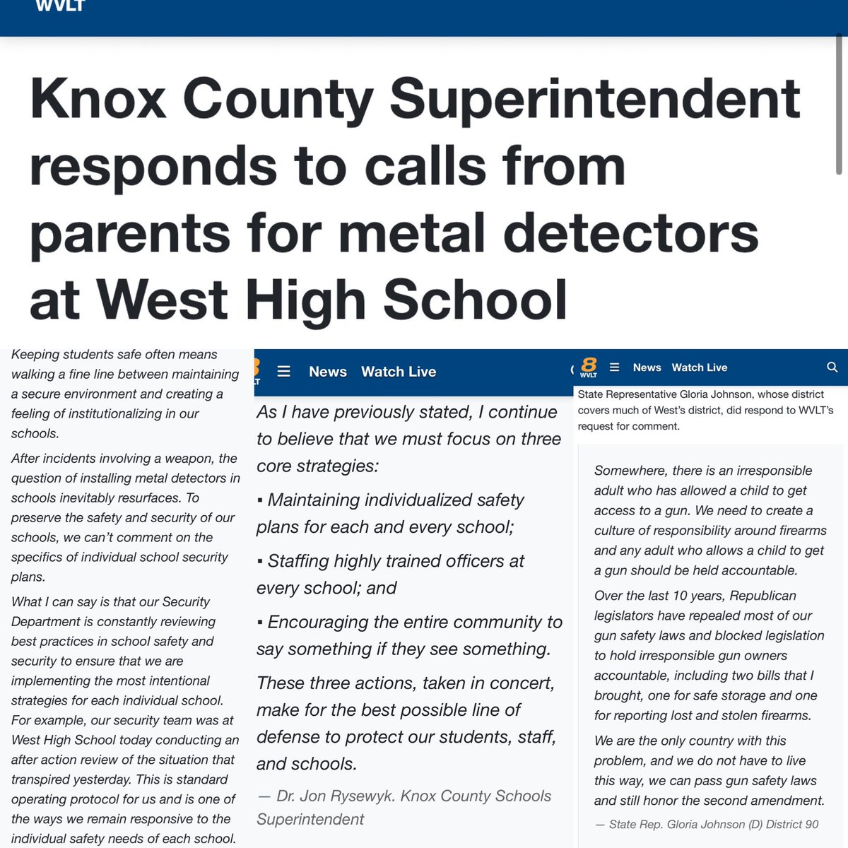 KNOXVILLE: @KCSSuper responds to calls for metal detectors after a gun was found at school, saying they are “reviewing best practices” @VoteGloriaJ says adults who let a child get a gun should be held accountable. (Republicans block her safe storage law) wvlt.tv/2024/05/15/kno…