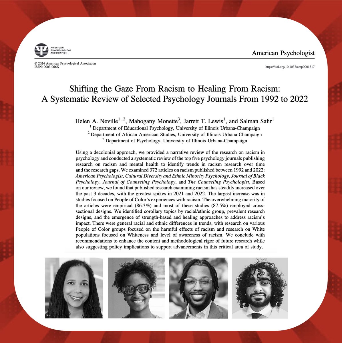 📣 New Publication Alert 📣A lot of labor & love went into this #AmericanPsychologist article where we provided a systematic review of the top 5 psychology journals publishing research on racism & mental health between 1992-2022. @MahoganyAlexus @JarrettTLewis @salmanpsyc