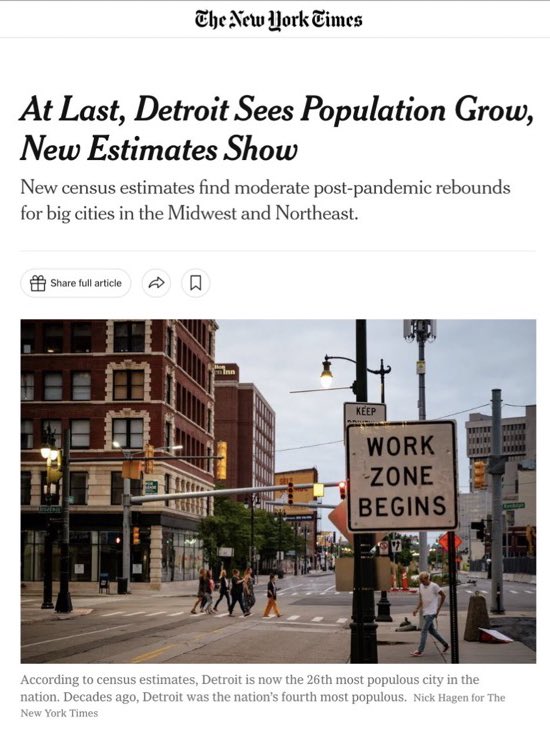 This is a big freaking deal! For first time SINCE 1957, Detroit has grown in population!! This makes it the 26th (up from 29th) most populous city on the US now! I don’t think people realize how impossible this seemed literally only 10 years ago.