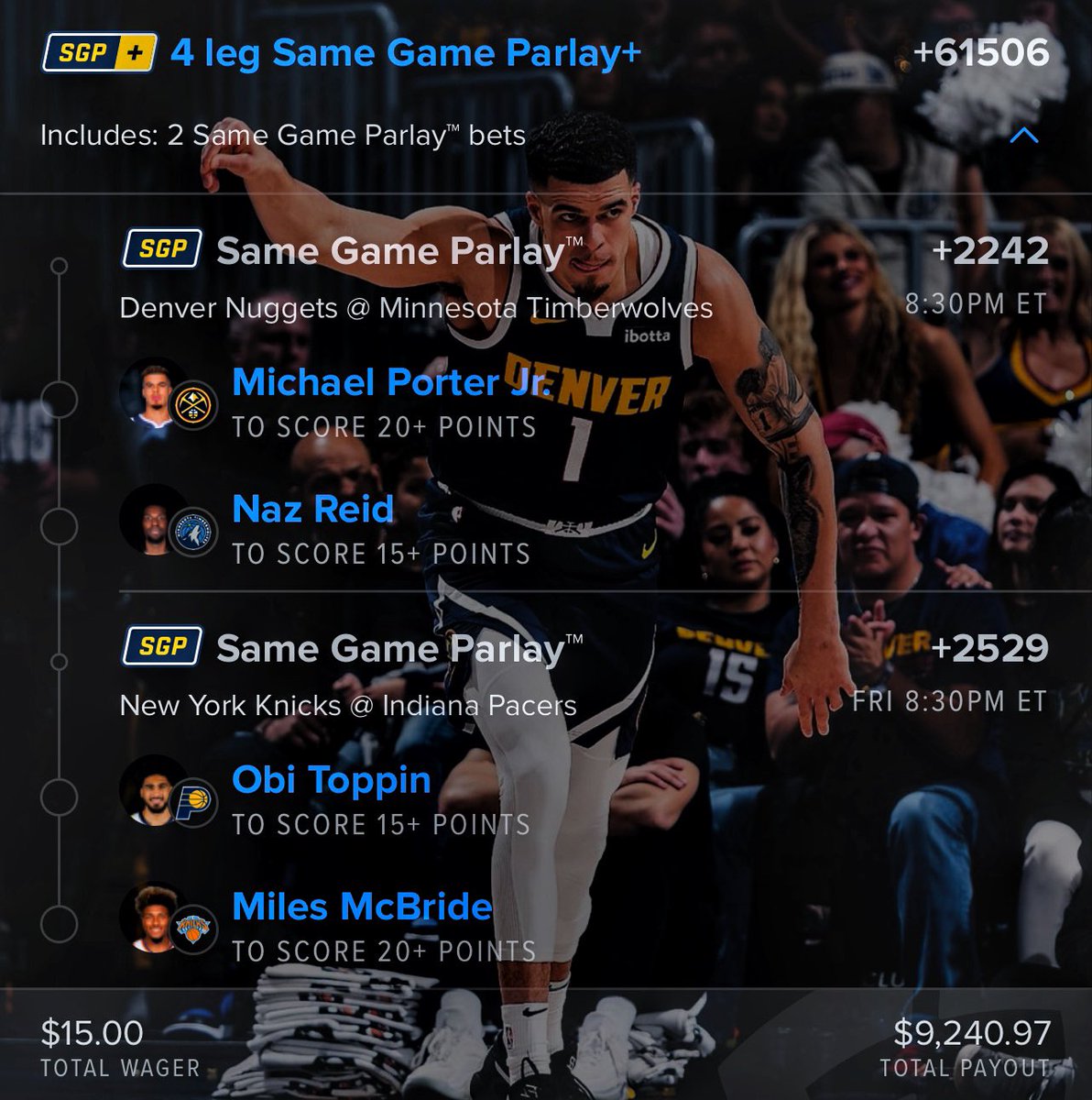 $15–—9K 🍞 WINNER !!!

The Perfect Playoff Nuke 😤😤

$200 To 4 That Repost/Follow When 🟢
#GamblingX #NBAPlayoffs