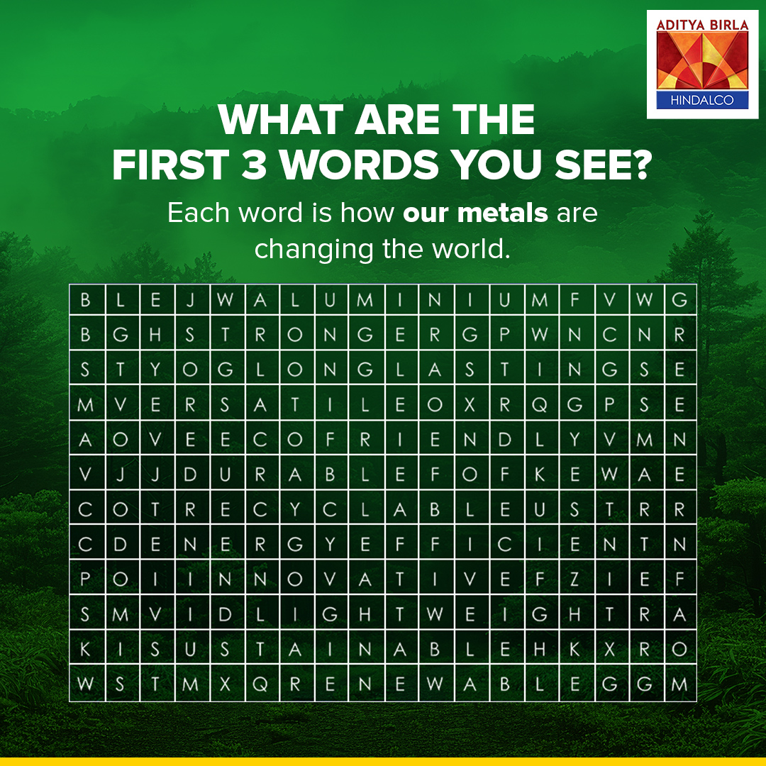 Look closer and comment with the first word below! 🧐👁️‍🗨️ Let us give you some hints - 1. Aluminium can be reused which makes it __ 2. Hindalco is making the world of tomorrow _ #Hindalco #Trivia