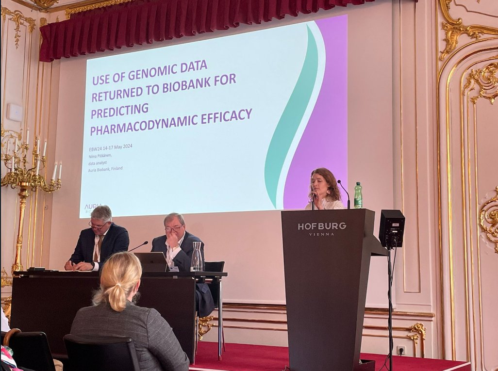 Niina Pitkänen presented how genomic data returned to  biobanks can be used to predict the pharmacological efficacy of clopidogrel
#EBW24 #Biobanking #ViennaConference #AuriaBiobank #ResearchInnovation #ScientificTalk #PosterPresentation #BiomedicalResearch #Vienna2024 #BBMRIERIC