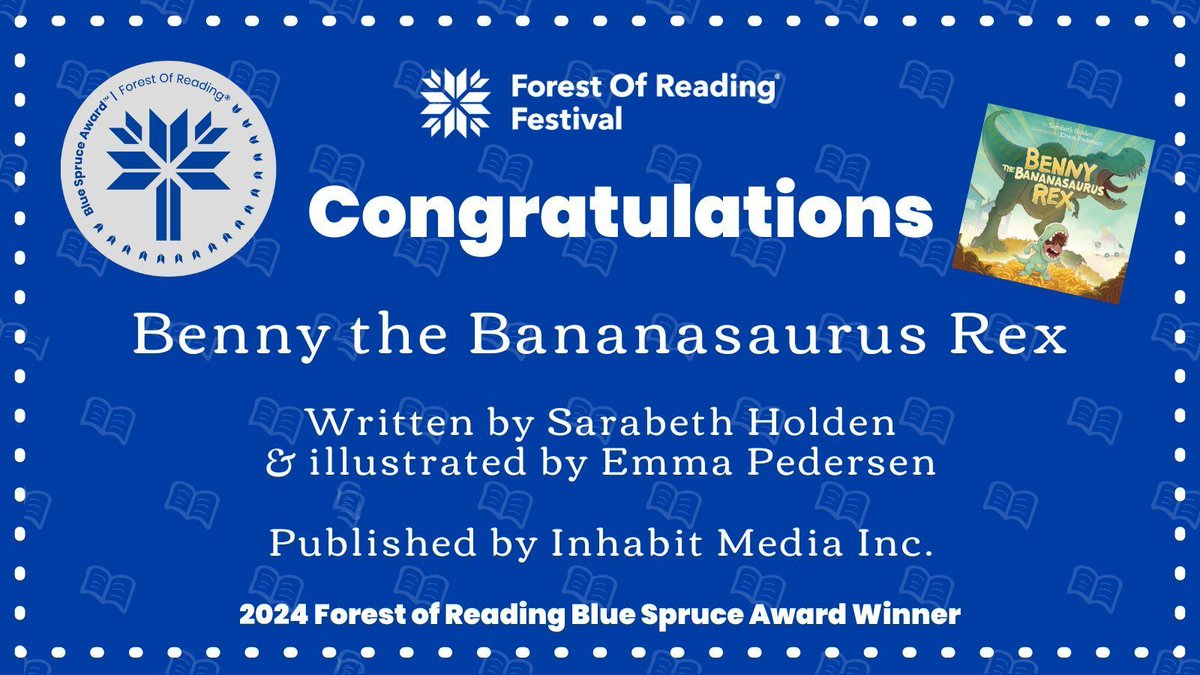 ForestofReading's tweet image. Readers, it’s officially time we announce this year’s Blue Spruce Award Winner! Can we please get a resounding applause for Benny the Bananasaurus Rex, written by Sarabeth Holden &amp;amp; illustrated by Emma Pedersen 👏🏼 Congrats @akkarala @ep_illustration @Inhabit_Media!