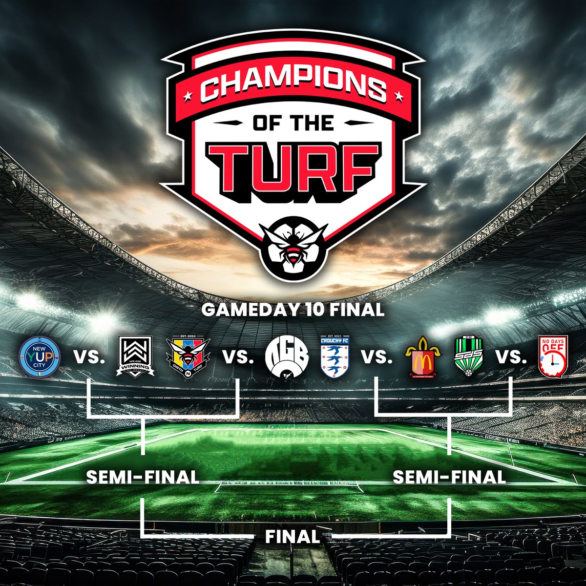 🚨 CHAMPIONS OF THE TURF 🚨

The final week is upon us and we're going NO RULES❗

@NewYUPCityFC vs. @WAW_FC 
@GNTFC_Official vs. @TheGeordieBoys_ 
@PeoplesPundit00 vs. @TakeawayAFC 
@SDSFootballClub vs. @NoDaysOffFC 

#GirthNTurf