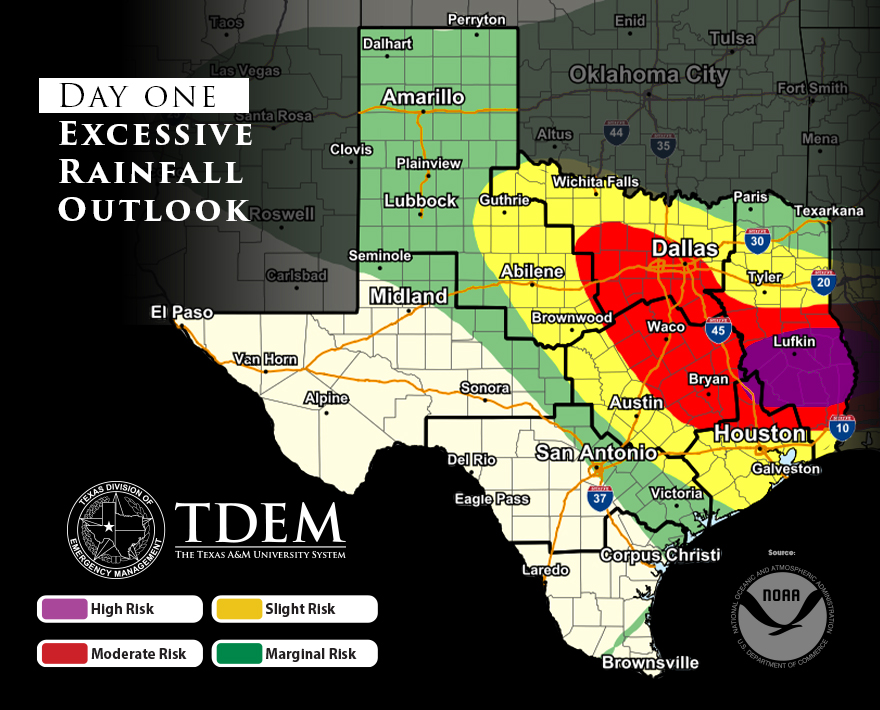 🚨Severe Weather Alert🚨 🌊Flash Flooding Risk is HIGH for East TX ⛈️Enhanced Risk of Severe Storms Across TX 🌪️Threats Include Large Hail, Damaging Winds, and Tornadoes 📺📻📱 Pay Attention to Local Weather Updates! Take Precautions & Stay Safe! texasready.gov/be-informed/na… #txwx