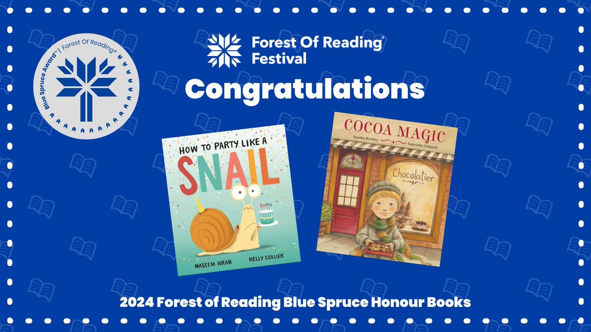 But, dear readers, that’s not all! Keep the applause going for Blue Spruce honour books How to Party Like A Snail written by @Naseemo & illustrated by @collierK_ & Cocoa Magic written by @Sbradleybooks & illustrated by Gabrielle Grimard!!! @PajamaPress1 @owlkids