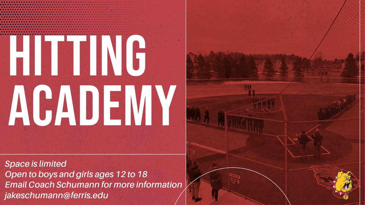 Hitting Academy! This is a great opportunity to enhance your swing. Email Coach Schumann for more information and to register! Jakeschumann@ferris.edu