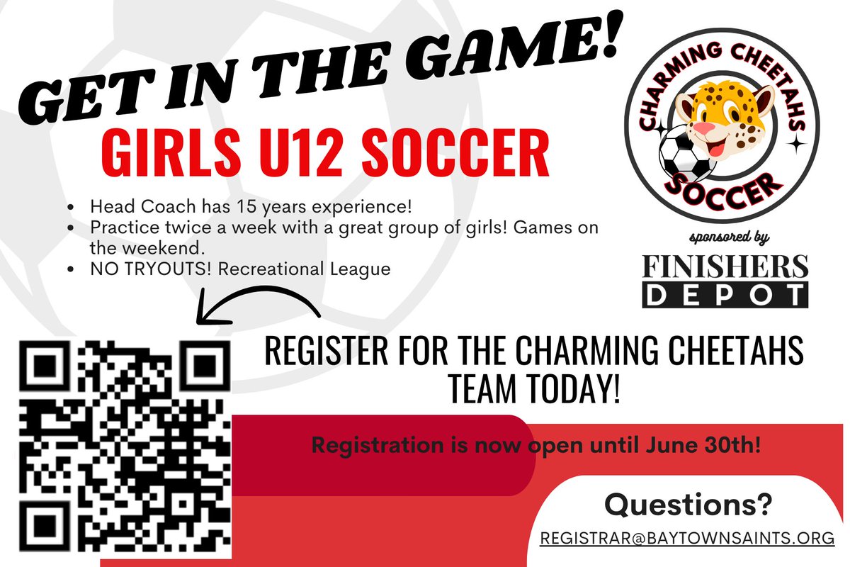 Anyone in this age group that maybe looking for a soccer team to play on locally. Charming Cheetahs looking for players from Baytown Saints. U12. <a href="/BaytownSaints/">Baytown Saints Youth Soccer Club</a>