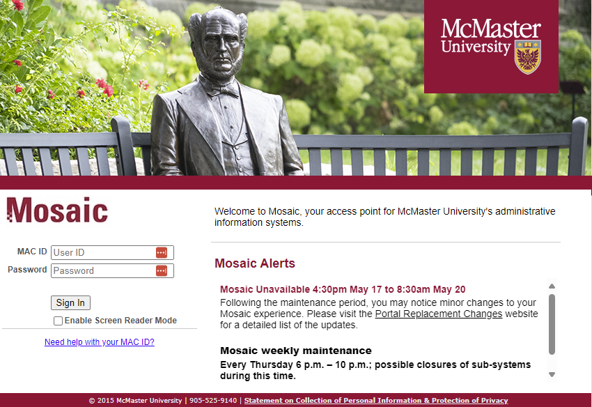 University Technology Services (UTS) (@mcmasteruts) on Twitter photo A quick reminder, <a href="/McMasterU/">McMaster University</a>...
Mosaic will undergo scheduled maintenance from:
Friday, May 17 (4:30pm) - Monday, May 20 (8:30am).
Following the update, you may notice minor changes to your Mosaic experience.
Learn more below.
mcmasteru365.sharepoint.com/sites/Mosaic/S… A quick reminder, <a href="/McMasterU/">McMaster University</a>...
Mosaic will undergo scheduled maintenance from:
Friday, May 17 (4:30pm) - Monday, May 20 (8:30am).
Following the update, you may notice minor changes to your Mosaic experience.
Learn more below.
mcmasteru365.sharepoint.com/sites/Mosaic/S…