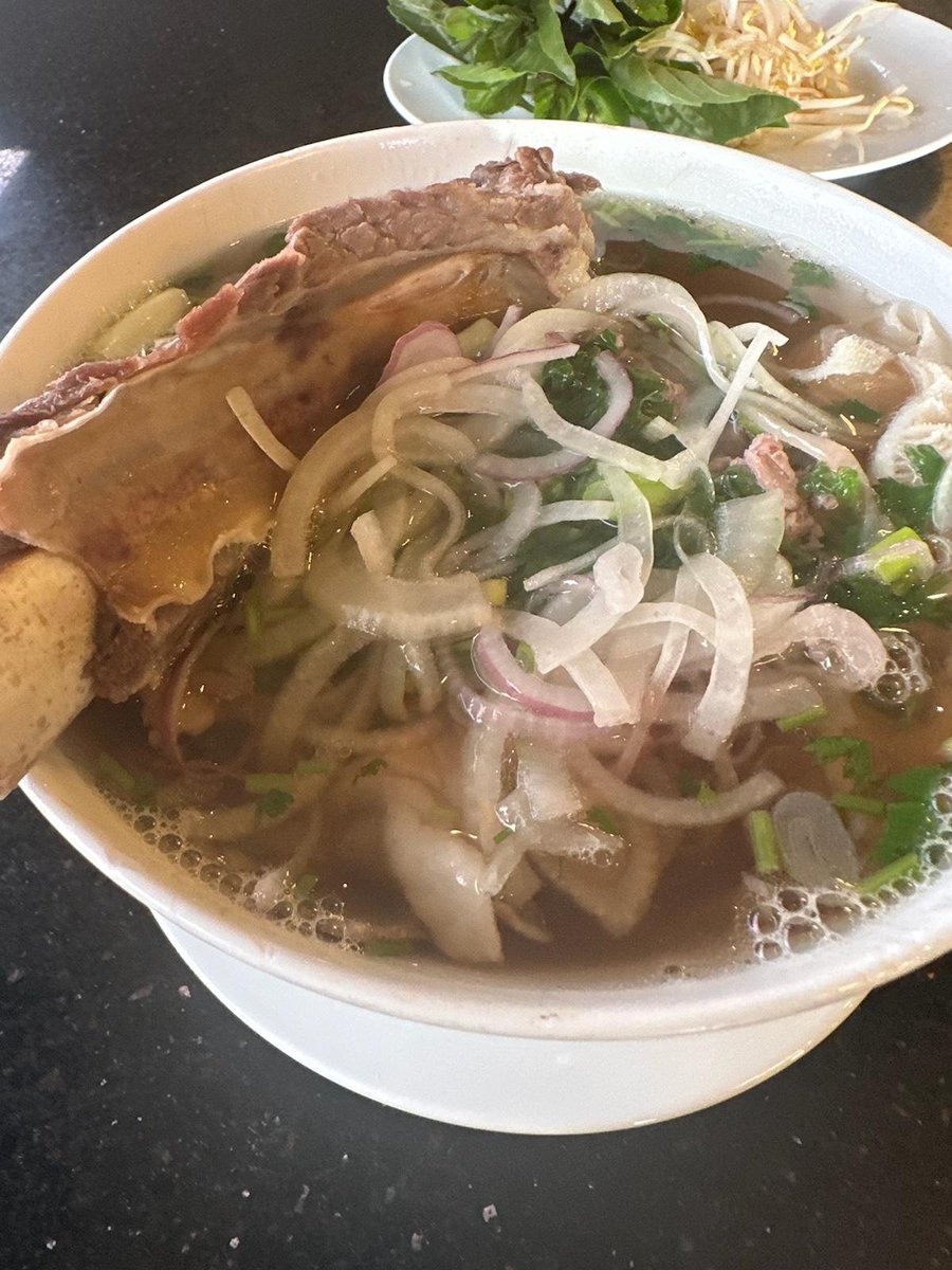My brothers breakfast from Houston. Pho restaurants open so early there. Looks good, wo the onions for sure!!