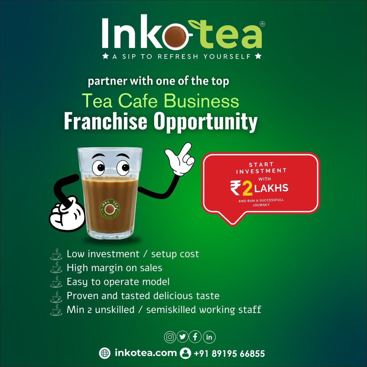 Welcome to Inkotea!

Partner with one of the top Tea Cafe Business Franchise Opportunities and start your investment journey with just 2 lakhs.

#Inkotea #BusinessFranchise #franchisebusiness #teafranchise #hyderabadcafes #teaoutlet #teaaddict #brewtea #tea #rainyseason