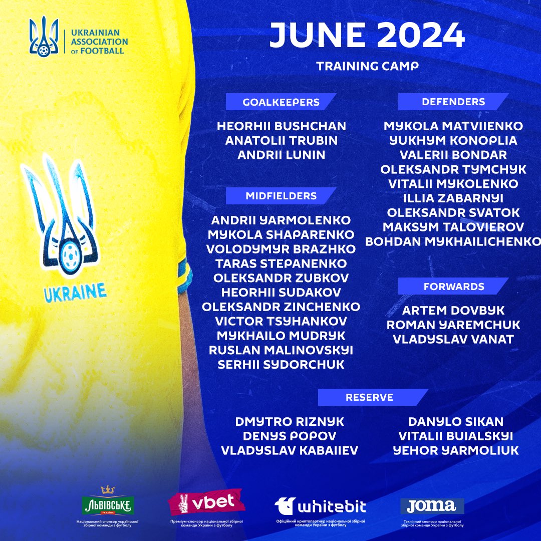 🚨 Serhiy Rebrov announced the squad for the training camp and friendly matches before Euro-2024 ⚔️ 03.06. 🇩🇪 - 🇺🇦 ⚔️ 07.06 🇵🇱 - 🇺🇦 ⚔️ 11.06 🇲🇩 - 🇺🇦 ‼️ The final squad list of the national team of Ukraine for Euro-2024 will be announced on June 7.