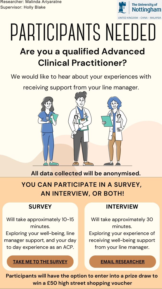 Malinda Ariyaratne (@malindaari73868) on Twitter photo Seeking qualified Advanced Clinical Practitioners for a study, please see the flyer below for more details
To take the survey, click: lnkd.in/eVyUSzmV
To participate in an interview, email me at: mzxsh6@nottingham.ac.uk
Supervisors: <a href="/hollyblakenotts/">Prof. Holly Blake</a> and <a href="/NikiChouliara/">Niki Chouliara</a> Seeking qualified Advanced Clinical Practitioners for a study, please see the flyer below for more details
To take the survey, click: lnkd.in/eVyUSzmV
To participate in an interview, email me at: mzxsh6@nottingham.ac.uk
Supervisors: <a href="/hollyblakenotts/">Prof. Holly Blake</a> and <a href="/NikiChouliara/">Niki Chouliara</a>