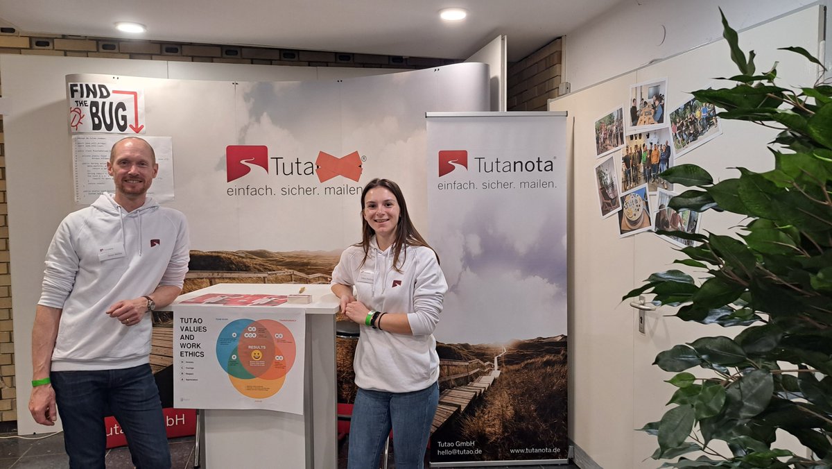 Today Arne and Tabea were at the Hochschule Hannover career fair telling soon-to-be graduates about Tuta🔐❤️ Are you looking for a change and think you'd be a good fit at Tuta?👀 Check out our latest job openings: tuta.com/jobs #hiring #applytoday