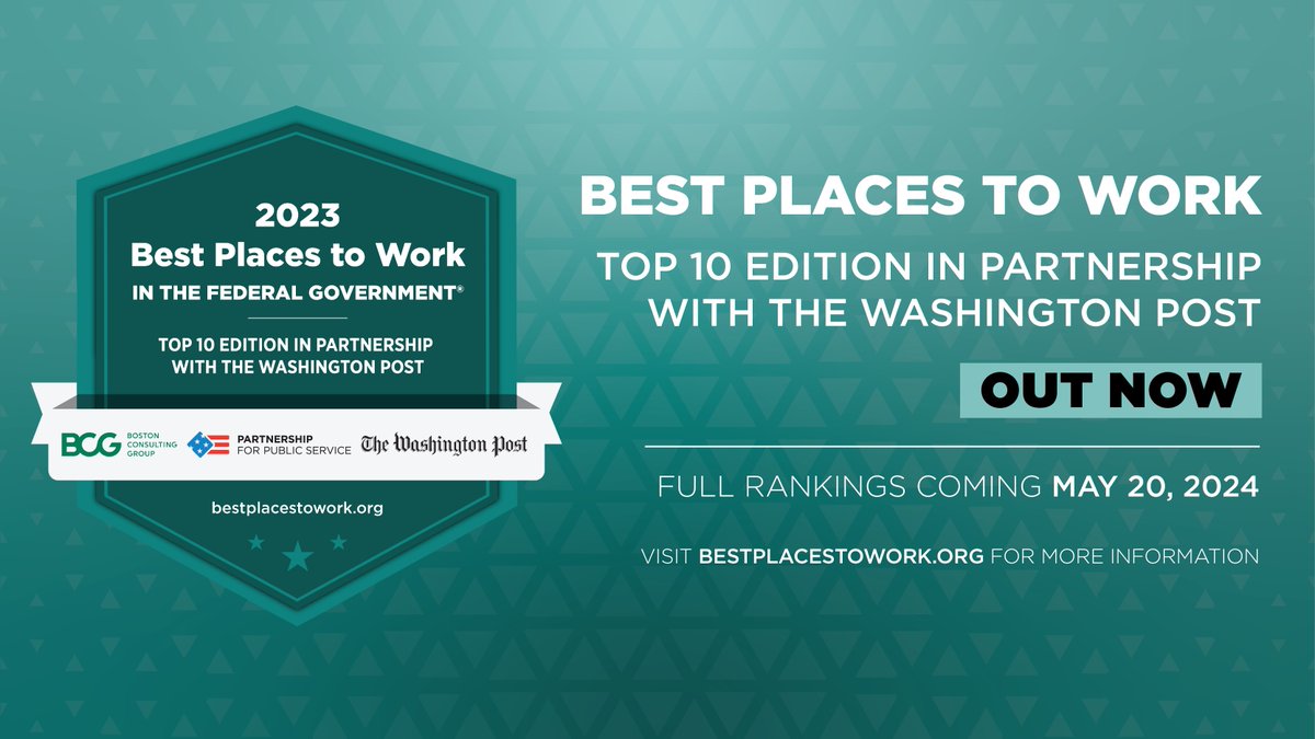 Today, @publicservice and @BCG in collaboration with the @WashingtonPost, released the 2023 Best Places to Work in the Federal Government® rankings. Discover the top 10 agencies across four categories here: hubs.la/Q02xnWfV0 #BPTW2023