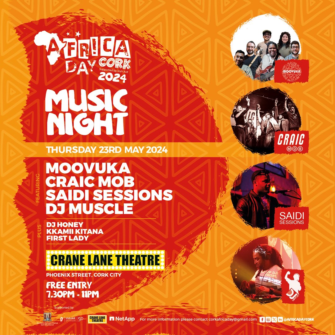 Join us for a vibrant Music Night celebrating Africa Day Cork 2024! 
Mark your calendars for Thursday, May 23rd, from 7:30 pm to 11:00 pm at @cranelanetheatre 
Free entry for all! Don’t miss out on this unforgettable evening of music and culture. See you there! 🎶✨
#africaday