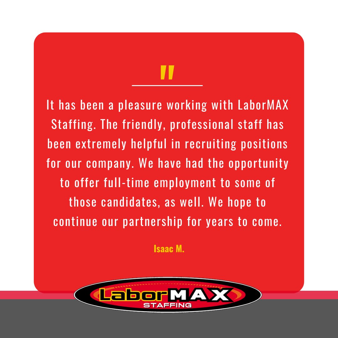 Thank you, Isaac, for the great review! Our recruiters are ready to help you staff your business. Contact us today: nsl.ink/dyk3

#LaborMAXJobs #StaffingSolutions #StartYourSearch #BuildYourWorkforce #Staffing #TempStaffing #SeasonalWork