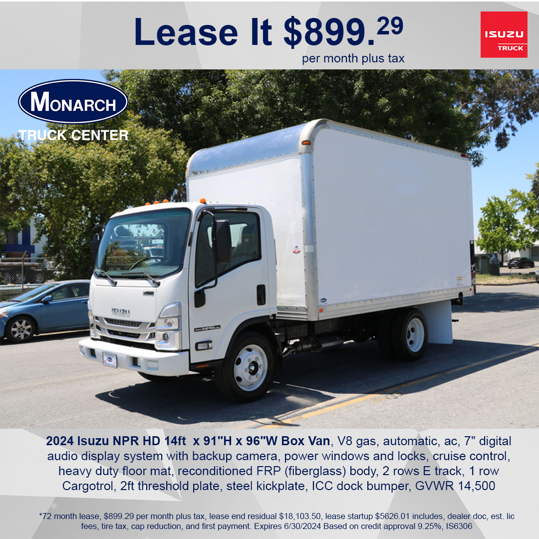 2024 Isuzu NPR HD 14ft  x 91'H x 96'W Box Van, V8 gas, automatic, ac, 7' digital audio display system with backup camera, power windows and locks, cruise control, heavy duty floor mat, reconditioned FRP (fiberglass) body, 2 rows E track, 1 row Cargotrol, 2ft threshold plate,