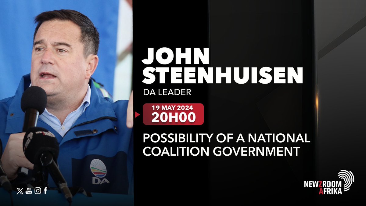 [NOT TO BE MISSED] @XoliMngambi in conversation with @Our_DA leader @jsteenhuisen about what lies ahead for the opposition after the May 29 elections. #RoadToVote24 #Newzroom405