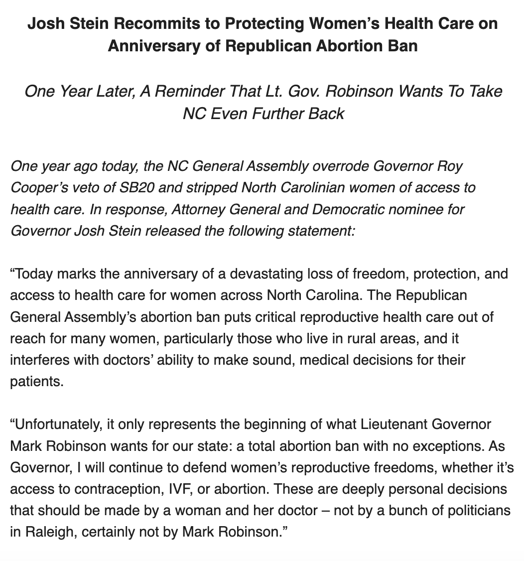 On the one-year anniversary of Republicans' abortion ban, @JoshStein_ recommits to protecting women's health care: 'As Governor, I will continue to defend women’s reproductive freedoms, whether it’s access to contraception, IVF, or abortion.' #ncpol #ncgov
