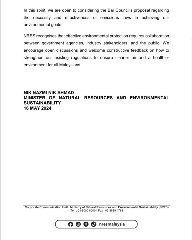 . @nresmalaysia welcomes the @malaysianbar 's suggestion concerning the introduction of emissions-related laws as we believe a healthy environment and a more sustainable future are vital for all Malaysians. @jasmalaysia