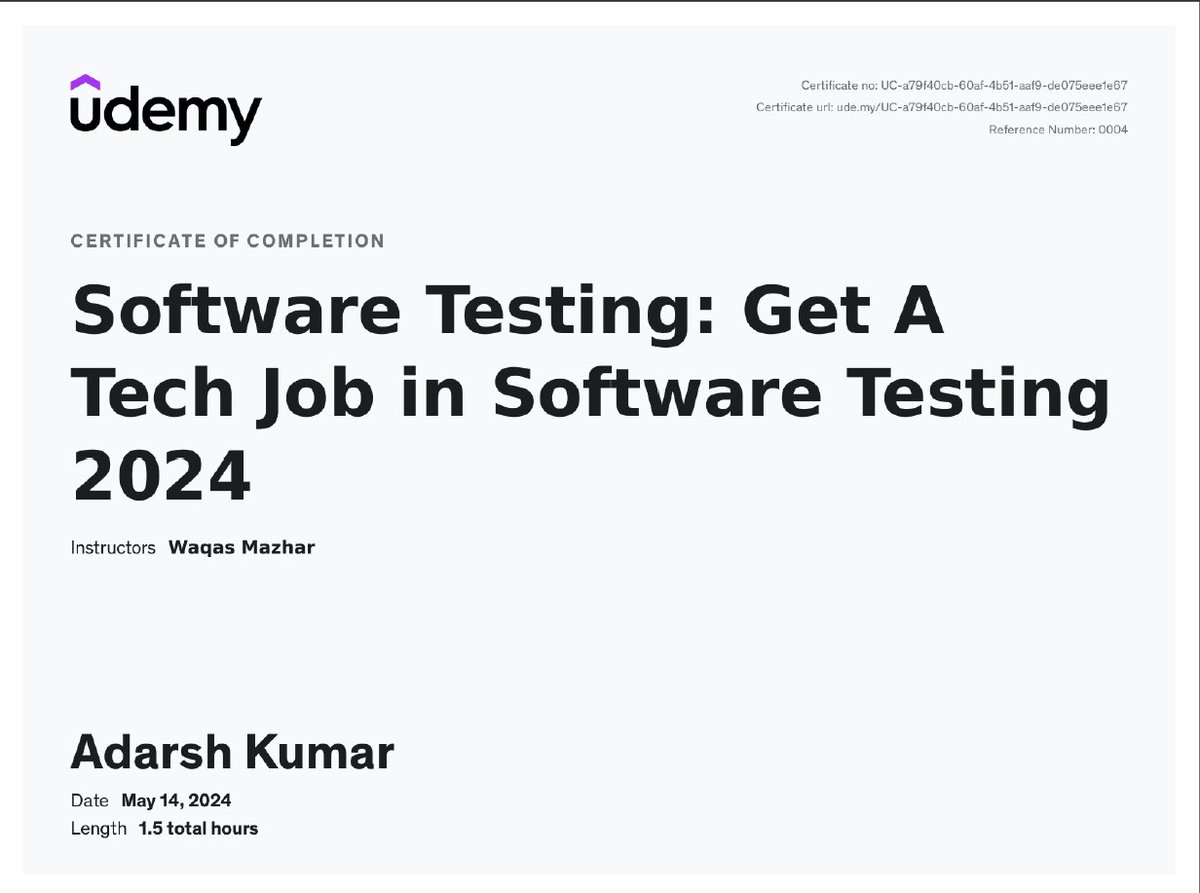 Hello Coders,  

I am very happy to share that I have successfully completed Software Testing Certification from #udemy #LearnInPublic #buildinpublic #remote #connect #remotework #remotejob #learning #work #certification #postman #testing