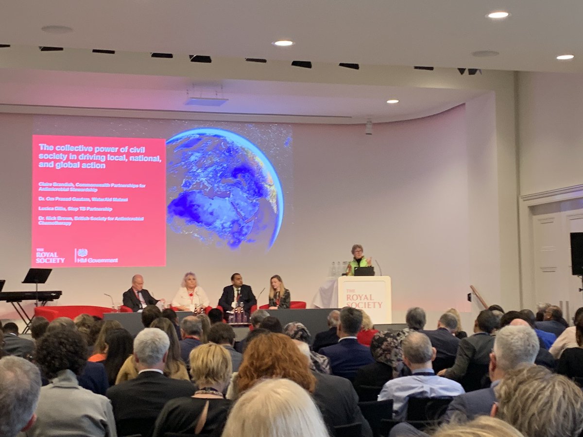 The magnificent @ClaireBrandish1 @CW_Pharmacists is now describing @royalsociety how she & other professionals are partnering with @THETlinks to mobilise health professionals to tackle #antimicrobialstewardship through the #HealthPartnerships approach. #CwPAMS