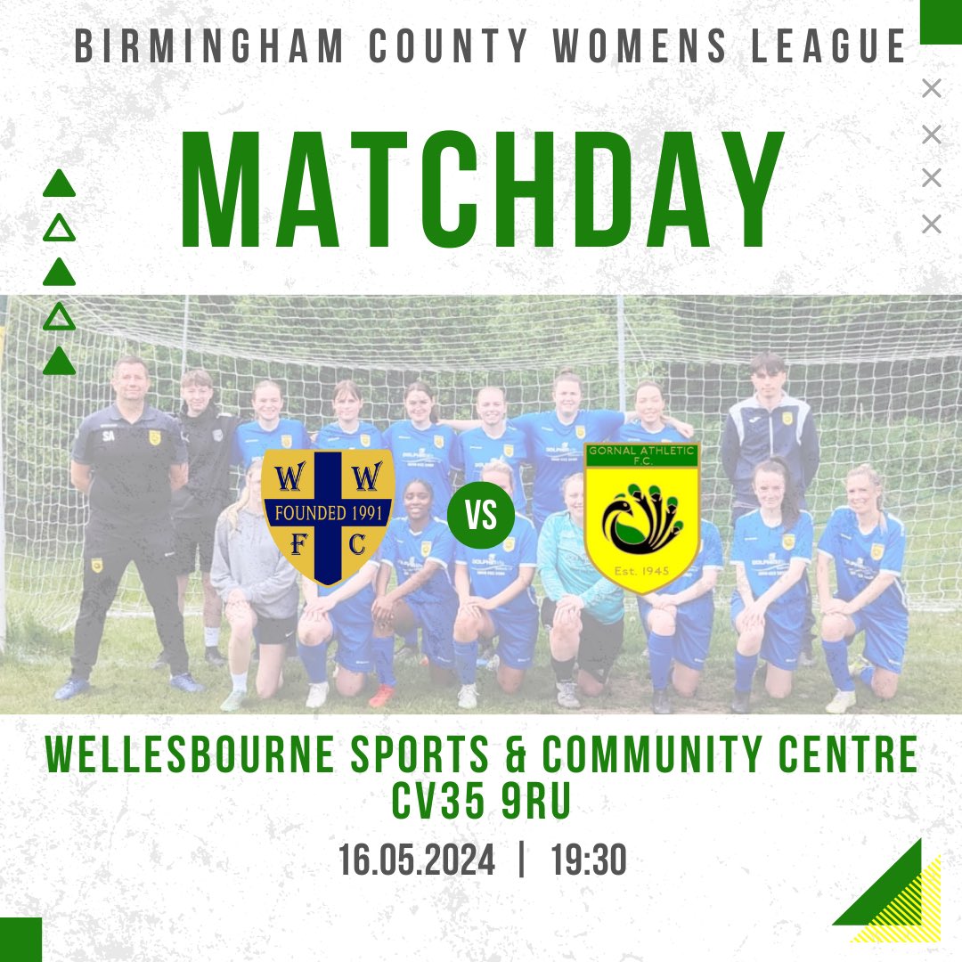🟢🟡 Matchday 🟡🟢 The ladies are back on the road this evening with a league fixture against Wellesbourne Wanderers Women Hopefully we see a few of you there 🦚