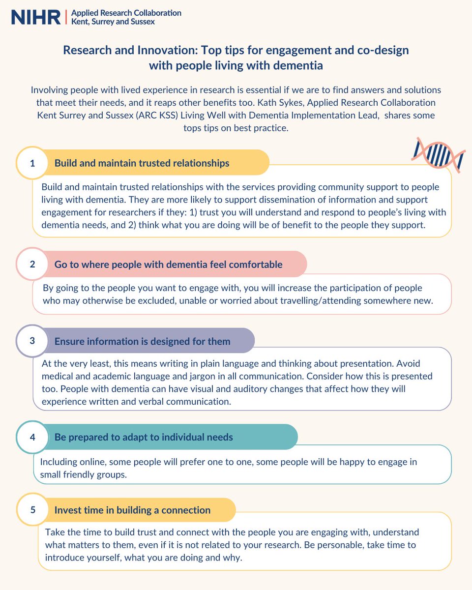 As part of #DementiaActionWeek, Kath Sykes, @ARC_KSS Living Well with Dementia Implementation Lead, shares some top tips for engagement and co-design with people living with dementia 🫶 More here 👉 tinyurl.com/448s79hd