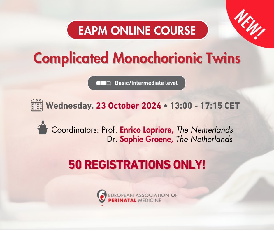 Our new #EAPM online course on Complicated #MonochorionicTwins is coming your way! Mark your calendar on Wednesday, 23 October 2024 and join us for this highly anticipated course.

Register from here👉: bit.ly/3WIOY67

#TTTS #TAPS #sFGR