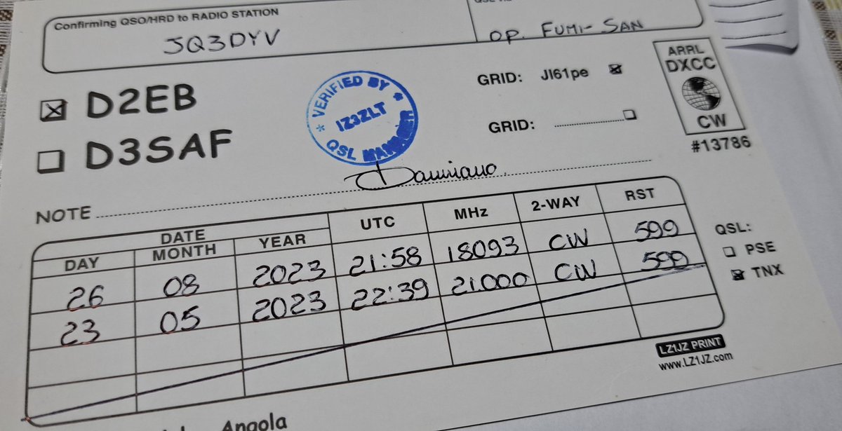 帰宅したら、イタリアからエアメール✈️ アンゴラのD2EBからのQSLが来ました！✨ アンゴラはD2UYのeQSLのみで、LoTWはなかったし、せっかくCWで交信できたということもあり、OQRSしました。請求から二週間と早かったです🎵