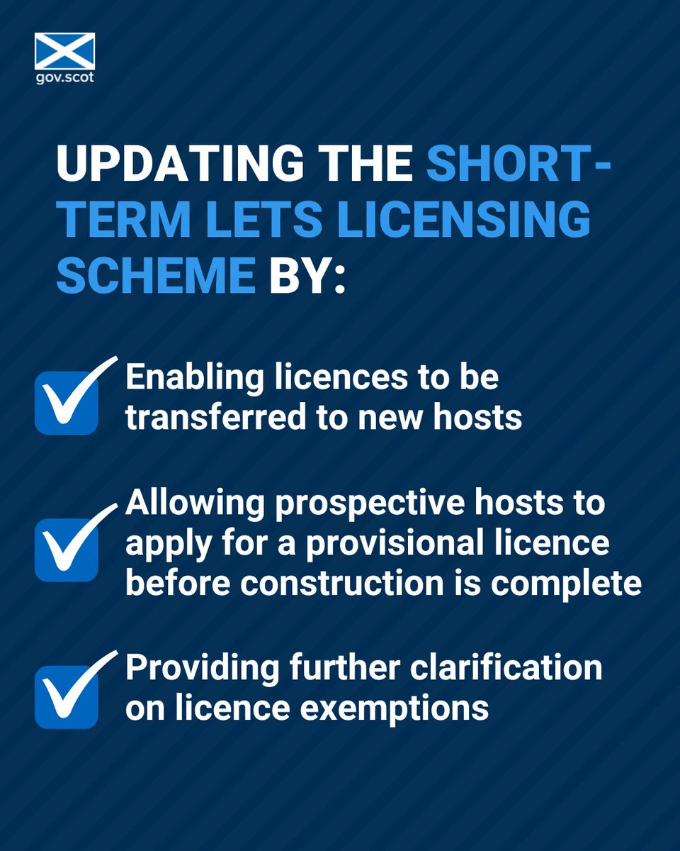 Regulations updating the short-term let licensing scheme have been laid in @ScotParl for parliamentary approval. These updates follow engagement with the short-term let operators and industry stakeholders. Read more ➡️ gov.scot/news/updating-…