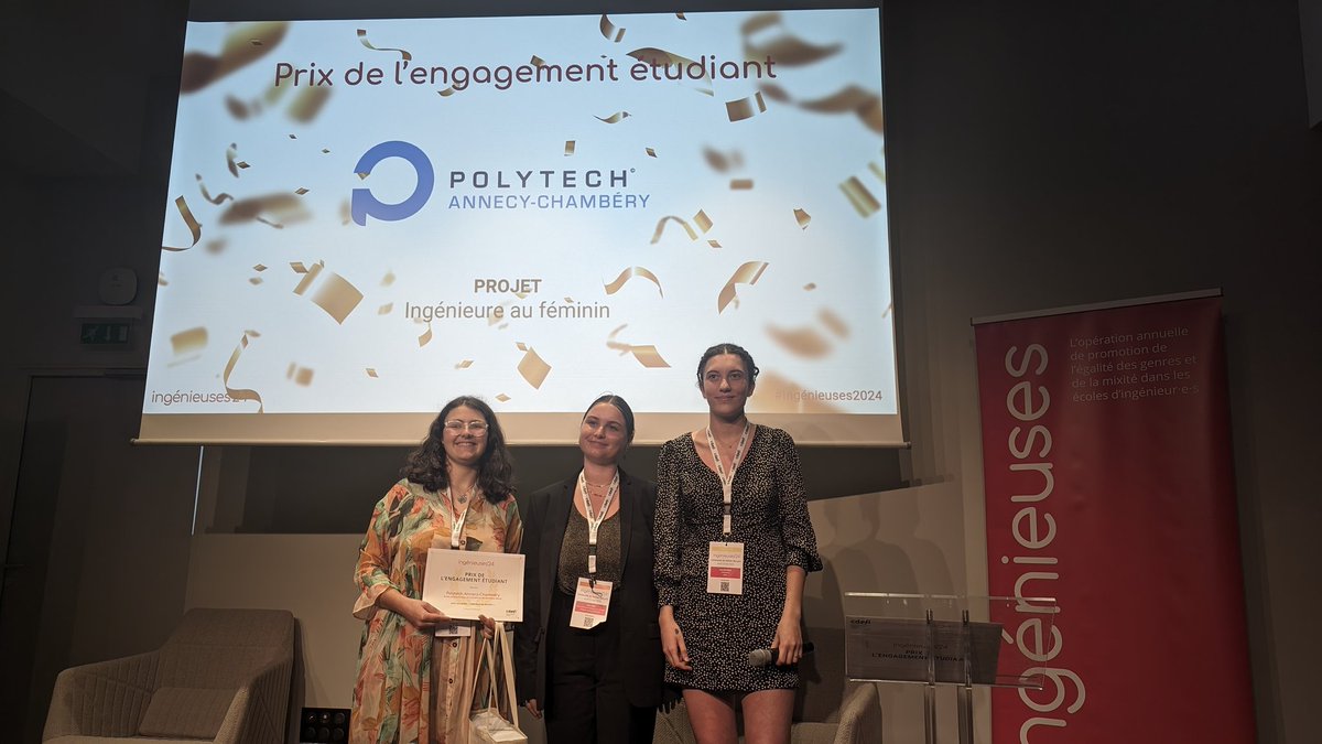 #Ingénieuses2024 🏆 Félicitations à Polytech Annecy-Chambéry, lauréate du prix de l'engagement étudiant grâce à son projet associatif « Ingénieure au féminin » qui promeut les métiers d’#ingénieur⸱e⸱s auprès des jeunes filles. Le résumé du projet 👉 ingenieuses.fr/2024/04/26/ing…