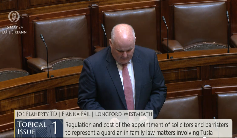 #Dáil Topical Issue 1: Deputy Joe Flaherty @joefla - To the Minister for @dcediy: Regulation and cost of the appointment of solicitors and barristers to represent a guardian in family law matters involving @tusla. bit.ly/2wRX0Aj #SeeForYourself