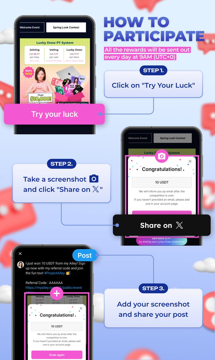 aileyverse's tweet image. 🎁 SHARE &amp;amp; WIN : DATE LOOK EDITION 🎁

Win 20 PT by sharing your referral code and tagging #ProjectAiley in your post!

BONUS: Share your Lucky Draw screenshots to win an extra 5 PT!

📅 Period: May 16, 2PM (UTC+0) - May 24, 2PM (UTC+0)