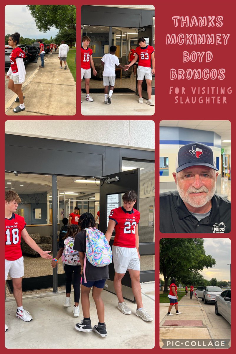 We had special greeters opening car doors and welcoming our wolfpups to school today! Thanks Boyd Broncos!  🏈🧲🐺 @MBHSFootball @McKISDAth @mckinneyisd #itsaslaughterthing #WeAreMckinney #mymisd @NickDeFelice12