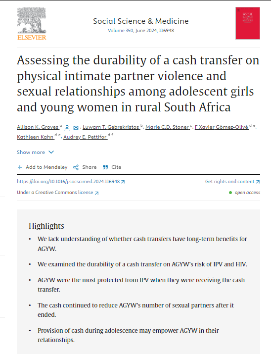 🆕 in @socscimed: Exploring the durability of cash transfers 2.5 years post-intervention on IPV & HIV risk in 🇿🇦 --> Impacts on IPV fade over time, however those on sexual relationships are sustained @AliKGroves @MarieCDStoner1 @XaviGomezOlive & co doi.org/10.1016/j.socs…