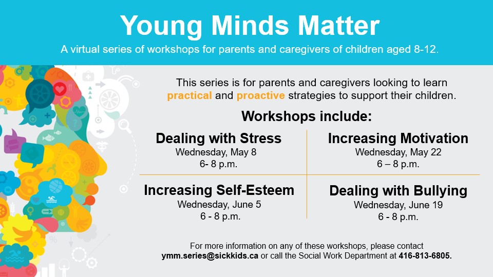 📌 Join Young Minds Matter workshops hosted by SickKids’ #SocialWork Department to discover practical and proactive strategies to help children struggling with bullying, stress, motivation and self-esteem. For more information and to register, contact ymm.series@sickkids.ca.