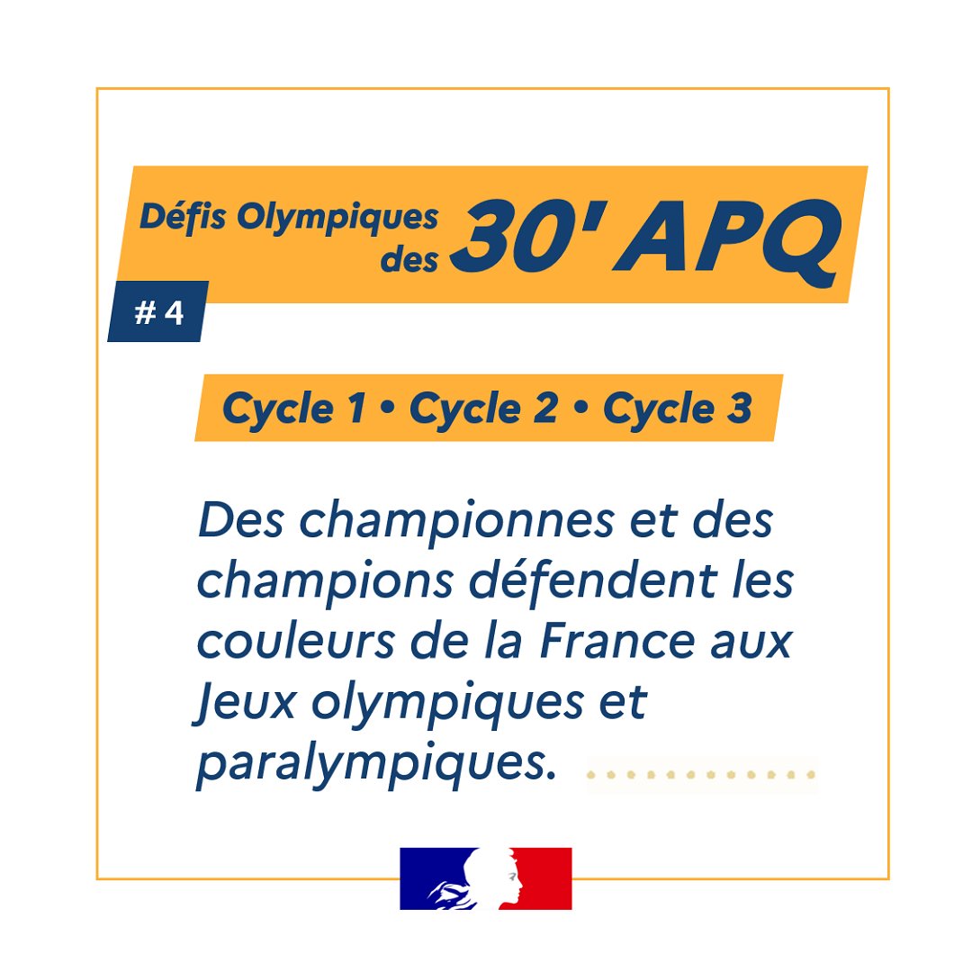 Quels sont les championnes et champions français les plus médaillés aux Jeux olympiques et paralympiques ? 🥇 Avec les nouveaux défis 30' APQ, les élèves découvrent les records de nos athlètes et relèvent à leur tour des défis physiques ! #GCN2024 👉 eduscol.education.fr/2569/30-minute…