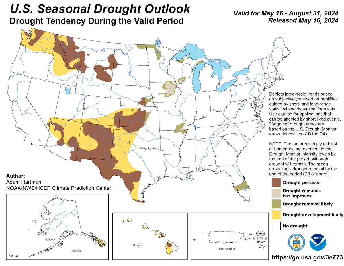 New Seasonal Outlook by @NOAA’s @NWSCPC Drought develops in most of WA and in ID/W. MT. A large area of drought develops in the Southwest and western Southern Plains. SE AK and HI too. Drought continues to improve in the E. Plains and Midwest. FL too. drought.gov/forecasts