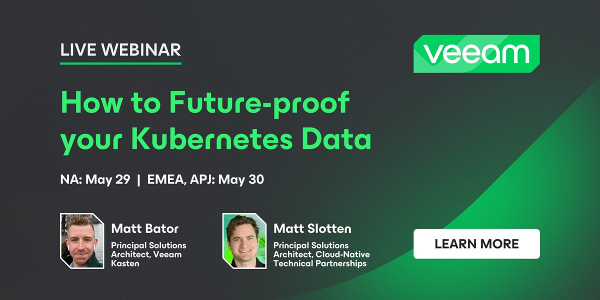 Mark your calendars! 📆 See what’s new with Veeam Kasten 7.0, learn from our experts, and ensure your data is protected for the future during our upcoming webinar on May 29. Spots are filling fast, so save your seat now >> bit.ly/3UKrlHL