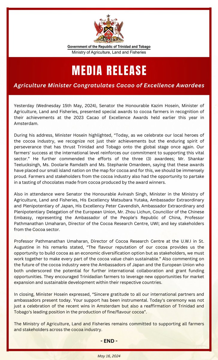 MEDIA RELEASE: Agriculture Minister Congratulates Cacao of Excellence Awardees

Learn more in the image attached or on our website via: agriculture.gov.tt/media-releases…

#MALF #AgricultureTT #CacaoExcellence2023 #CocoaAwards #TrinidadandTobago