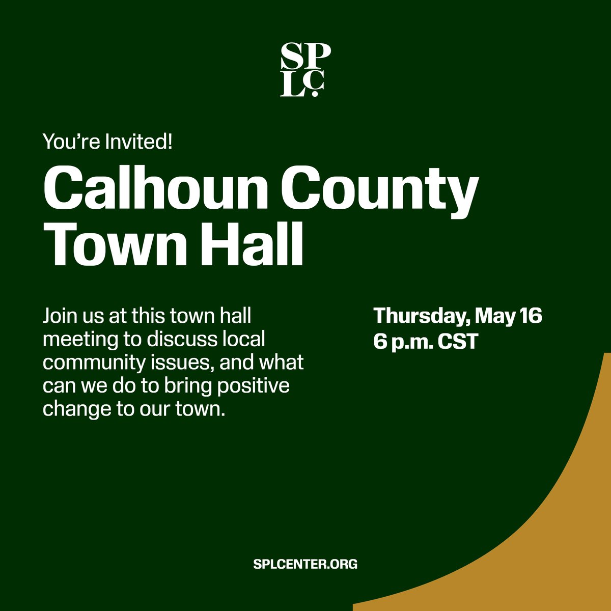 🔔TODAY at 6 p.m.: We want to hear from the Calhoun County, Alabama, community 📢 ! Join the #SPLCAlabama state office at the William Hutchins Building (715 Martin Luther King Dr., Hobson City, Alabama) to discuss local issues and how we can bring positive change to the town.