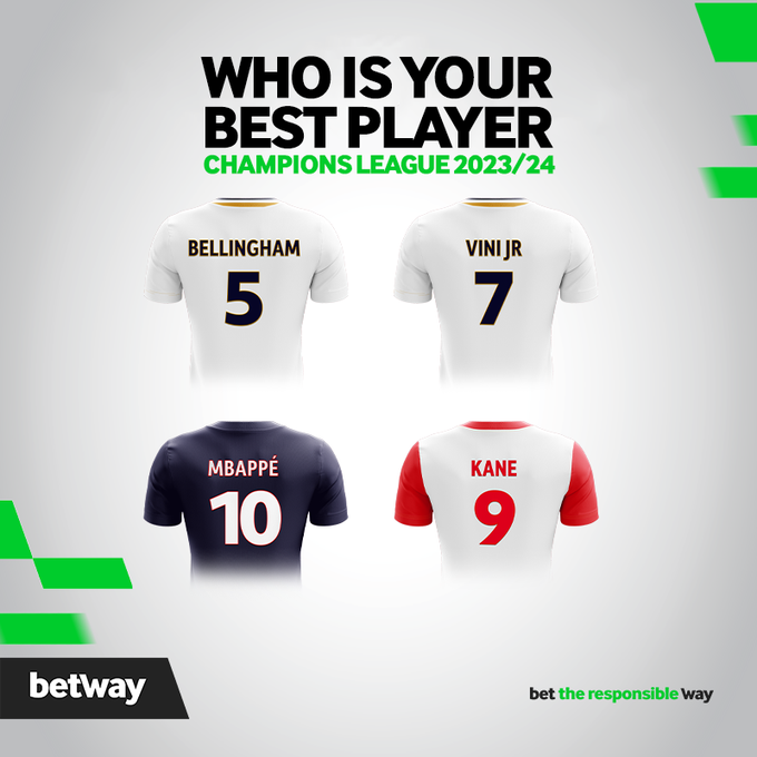 Who's your Champions League MVP this season, #BetwaySquad? 🏆⚽ 1. Bellingham 2. Vini Jr 3. Kane 4. Mbappé Drop your vote in the comments and let's see who takes the crown! 👑👇💬
