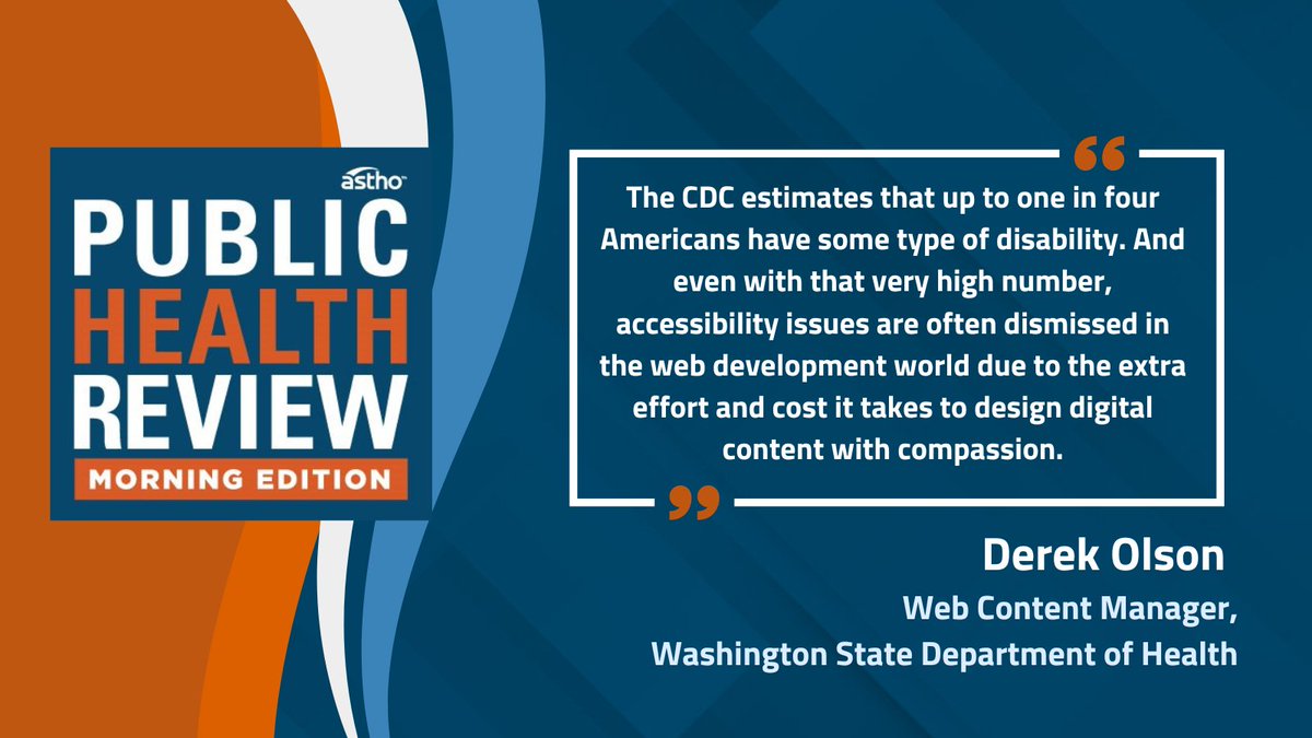 Today’s #PHRME celebrates #GlobalAccessibilityAwarenessDay. Hear from @WADeptHealth’s Derek Olson & ASTHO's Emily Lapayowker on implementing policies & practices to assure digital access & inclusion. 🎧discover.astho.org/3ULLcX6 #GAAD