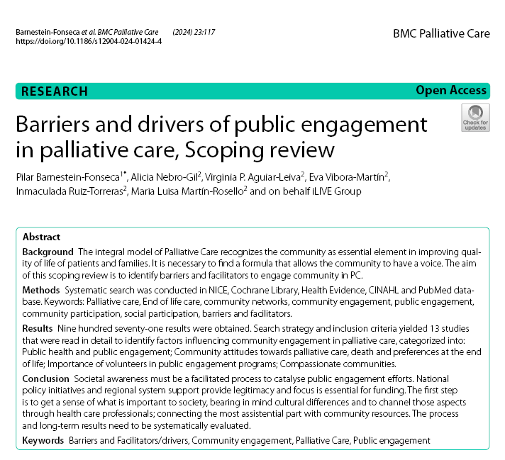 Recién salido del horno, Muy 🔝
Factores que influyen en la participación de la comunidad en los Cuidados Paliativos desde la visión de la Salud pública; Actitudes de la comunidad; Voluntariado y Comunidades Compasivas.
📄 Link ncbi.nlm.nih.gov/pmc/articles/P…