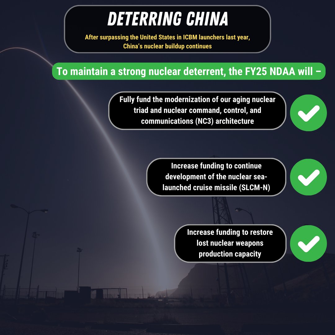 China is rapidly building up their nuclear arsenal.

The FY25 #NDAA will fully fund the modernization of our nuclear triad to stay ahead of growing nuclear threats.