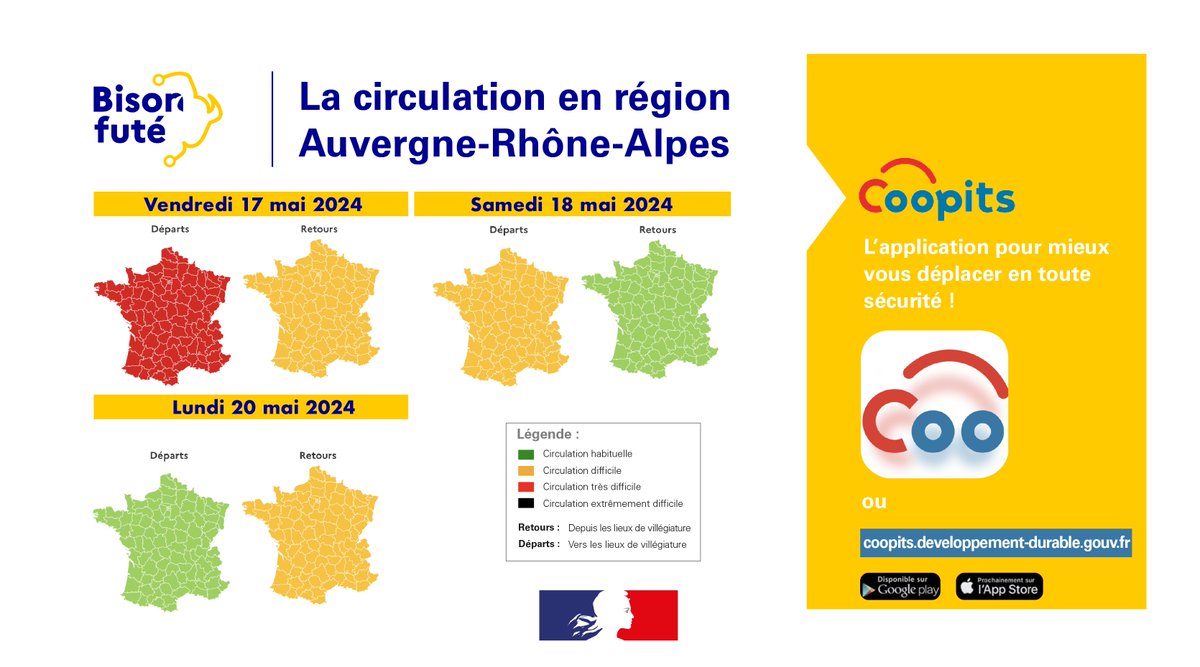 #BisonFuté | Ce week-end, la circulation sera particulièrement difficile en Auvergne-Rhône-Alpes sur les autoroutes A7 et A46 et l'accès au tunnel du Mont-Blanc 
🔴 Vendredi 17 mai 
🟠 Samedi 18 mai 
🔴 Lundi 20 mai 
Restez informé ! 🚗