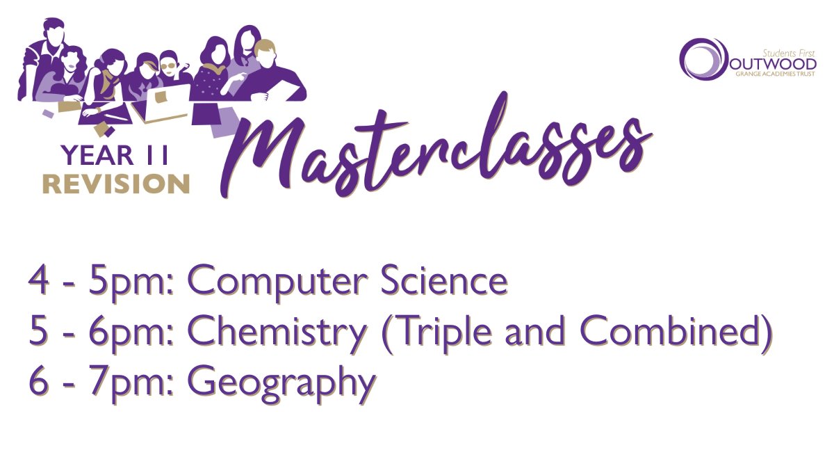 ⏳ TONIGHT! ⏳ Year 11 GCSE Revision Masterclasses! 💜 💻 Hour-long webinars ☑️ Led by expert subject Directors Check out the full timetable for the week ahead here: 🖱️ outwood.com/revision-maste… #OutwoodFamily💜